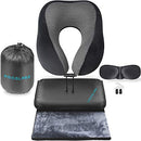 Proglobe Travel Blanket Luxury Travel Set - Ergonomic Airplane Neck Pillow 100% Pure Memory Foam and Super Soft Fleece Blanket - Premium 3D Sleep Mask & Earplugs - Ultimate 4-in-1 Travel Kit Black