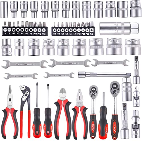 TOPEX 65-Piece Household Hand Tool Set Portable Home Auto Repair Kit Premium Quality w/Toolbox Storage Case/Mechanic Hand Tool Set