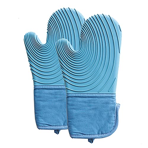 Silicone Cooking Gloves, Grilling Gloves, Heat Resistant Gloves BBQ Kitchen Silicone Oven Mitts, Long Waterproof Non-Slip Potholder for Barbecue, Cooking, Baking (Blue)