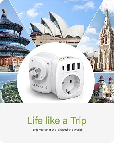 LENCENT Europe to AU Adapter, Australia Outlet Plug Adaptor with 3 USB Ports and Type-C Fast Charging, EU to NZ Travel Plug Converter, 3 Pin AU Adapter Plug, Type I