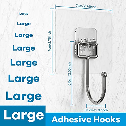 10 Pieces Large Wall Hooks for Hanging Heavy Duty 22lb(Max),Coat and Towel Adhesive Hooks,Wall Hangers Waterproof and Oilproof for Bathroom,Kitchen and Home Sticky Hooks (Transparent)