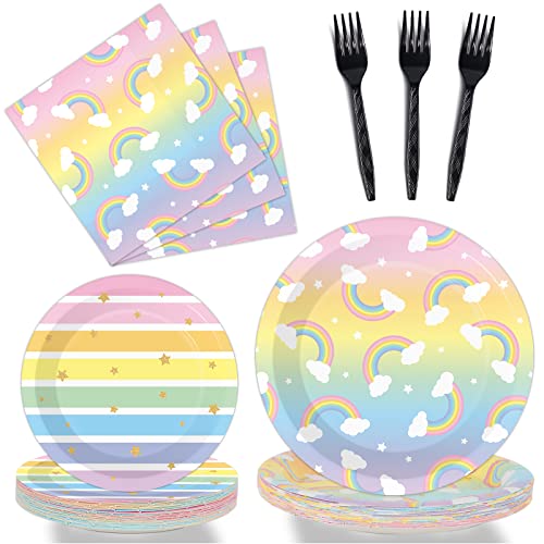 96 Pcs Rainbow Birthday Party Plates and Napkins Supplies Set Colorful Rainbow Party Disposable Paper Plates Tableware Kit Decorations Favors for Birthday Party Baby Shower for 24 Guests