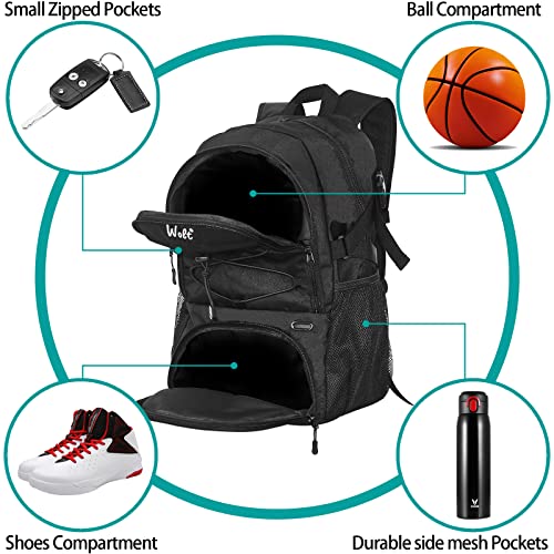 WOLT | Basketball Backpack Large Sports Bag with Separate Ball Holder & Shoes Compartment, Best for Basketball, Soccer, Volleyball, Swim, Gym, Travel(Black)