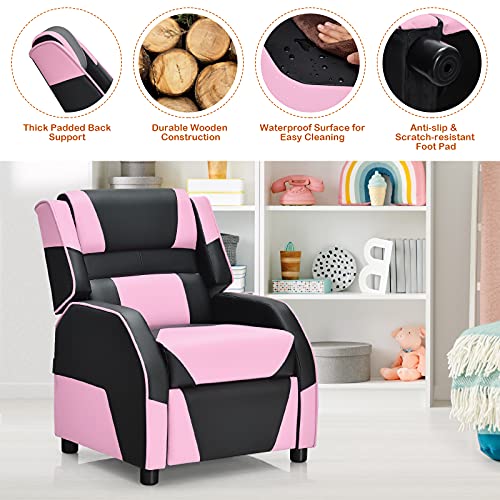 Kids Recliner Chair, Adjustable Recliner Sofa w/Footrest, Headrest & Lumbar Support, w/ Padded Seat, Ergonomic PU Leather Children Armchair for Living & Gaming Room, Racing Style Kids Lounge Couch for Boys & Girls Gift, Pink & Black