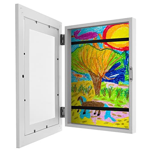 Kids Art Frame A4 Child Artwork Picture Display Frame Wood Front Opening Photo Frame with Fixed Strap Horizontal and Vertical Formats Hold up to150 Artworks for Crafts Drawing (White)