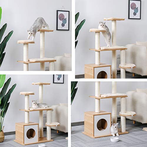 PAWZ Road Multi-Level Modern Cat Tree Full Wrapped Sisal-Covered Scratching Post Luxury Cat Towers Furniture with Large Condo 115CM（Beige）