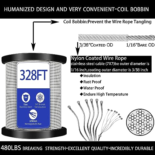 1/16 Wire Rope,100M/328FT 304 Stainless Steel Wire Cable,Vinyl Coated Aircraft Cable,Steel Cable with Loops,M5 Turnbuckles for Cables Wire,Hanging Wire,Tension Wire