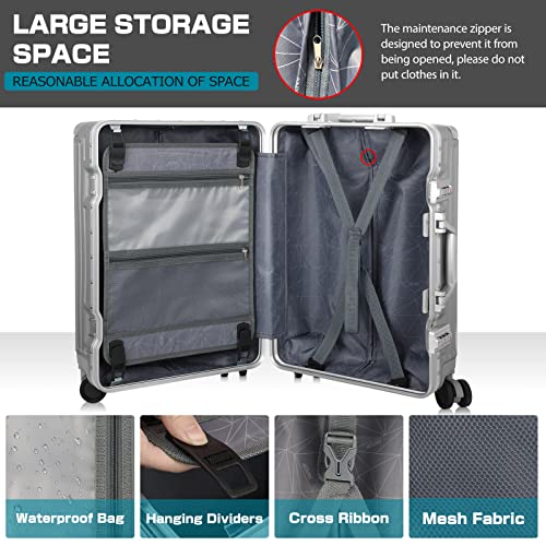 AnyZip Carry On Luggage - Aluminium Frame, Hard Shell, Suitcases with Wheels, TSA Lock, No Zipper - 20in Silver