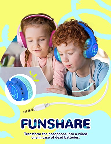 Kids Headphones Wireless with LED Lights, iClever BTH18 Safe Volume 74/85/94dBA, 43H Playtime, Stereo Sound, USB-C, AUX Cable, Bluetooth5.3 Over Ear Kids Headphones Wireless for Tablet/Travel, Blue