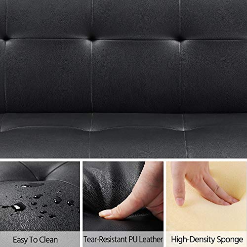 Yaheetech Convertible Sofa Couch Futon Bed Faux Leather Sofa Bed Sleeper Adjustable Loveseat Futon Couch Living Room Furniture with Chrome Metal Legs Black