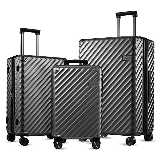 LUGGEX All Expandable Hard Shell Luggage with Spinner Wheels - 100% PC Suitcase - 4 Aluminum Corner for Hassle-Free Travel, Gun, 20/24/28 SET, All Expandable Hard Shell Luggage Sets With Spinner Wheels