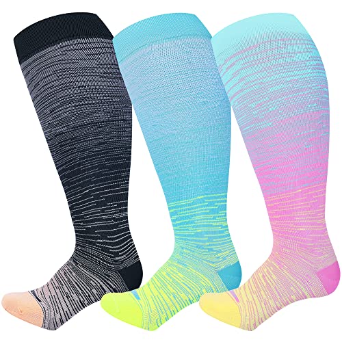 LEVSOX Plus Size Compression Socks for Women Men Wide Calf Extra Large 15-20 mmHg Knee High Support Sock for Nurses Pregnant Travel, 3 Pairs/Tie Dye, Large