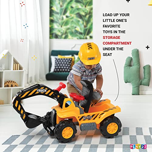Play22 Toy Tractors for Kids Ride On Excavator - Music Sounds Digger Scooter Tractor Toys Bulldozer Includes Helmet with Rocks - Ride on Tractor Pretend Play - Toddler Tractor Construction Truck