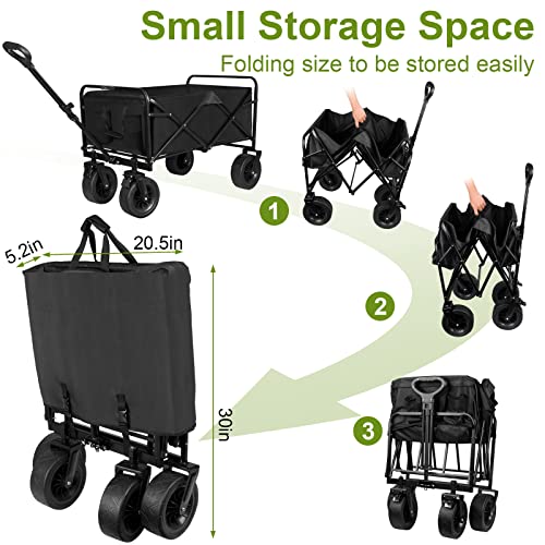 Collapsible Wagon Cart, Portable Heavy Duty Large Capacity Outdoor Garden Wagon with Big All-Terrain Wheels and Drink Holders, Beach Wagon Stroller for Garden Camping Fishing Sports Shopping