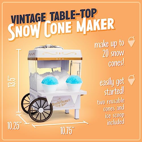 Nostalgia Vintage Countertop Snow Cone Machine - Slushie Machine - Shaved Ice Machine and Crushed Ice Maker - Makes 20 Icy Treats, Includes 2 Reusable Plastic Cups & Ice Scoop – White