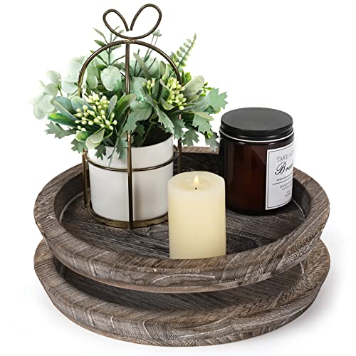 Rustic Wood Tray Candle Holder Set of 2, Large Round Wooden Catch-All Holders, Natural Farmhouse Coffee Decorative, Table Accessories for Home, Kitchen, Dining Room