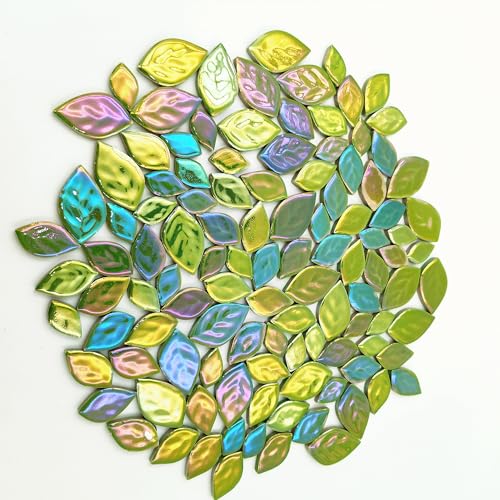 1.1LB Random Iridescent Leaves Ceramics Mosaic Tiles, Making Creative 3 Size Ceramic Mosaic Pieces for DIY Craft,Flowerpots, Vases, Cups, Garden Decor Mosaic Making Supplies (Green)