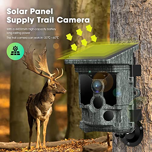 Trail Camera Solar Powered 46MP 4K 30FPS, WiFi Bluetooth Game Camera with 120°Wide-Angle Motion 3 PIR Sensor 0.1s Trigger Time Trail Camera with Night Vision IP66 Waterproof