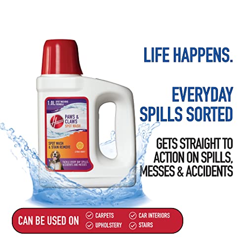 Hoover Paws & Claws Spot Wash Solution, Remove Dog and Cat Urine or Pee Stains, Safe for Children & Pets – Deodorize Carpet & Upholstery – 1.0 Litre