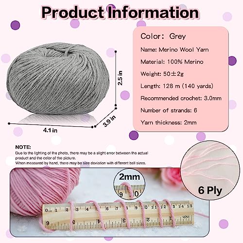 1 PCS 50g 100% Merino Wool Yarn, 6-Ply Warm and Soft Yarn for Hand Knitting and Crocheting, 140 Yards Yarn for Hand DIY Clothes, Scarves, Hats(Grey)