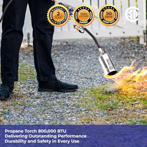 Prime Solutions 800,000 BTU Liquefied Gas Propane Fire Weed Torch Flame Thrower LPG Electronic Weed Burner Torch Weed Killer, Roofing Torch, 3 Meter Hose Pipe