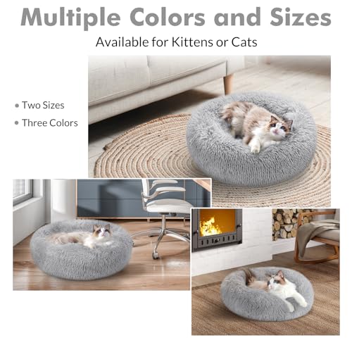 rabbitgoo Cat Beds for Indoor Cats, 20 inches Cat Bed Machine Washable, Fluffy Round Pet Bed Non-Slip, Calming Soft Plush Donut Cuddler Cushion Self Warming for Small Dogs Kittens, Light Grey, Medium