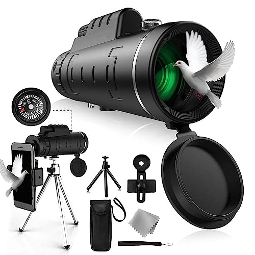 Monocular Telescope for Smartphone with Compass Phone Holder High Powered 2023 Prism 40X60 Monoculars for Adult Kids High Definition Hunting Stargazing Wildlife Bird Watching Travel Camping Hiking Outdoor Activity Gifts