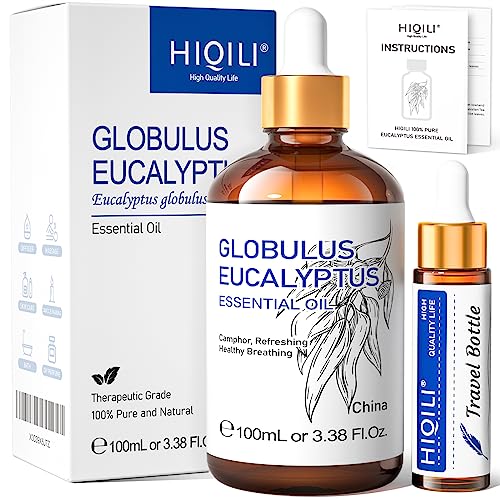 HIQILI Eucalyptus Essential Oil (100ML), 100% Pure Natural Eucalyptus Oil for Diffuser, Humidifier, Aromatherapy - 3.38 Fl Oz