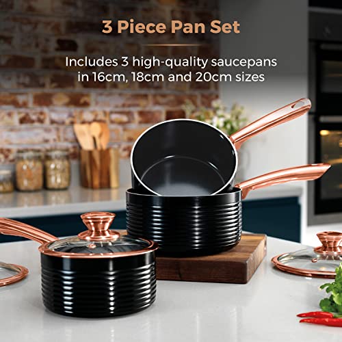 Tower T800001RB Linear Non Stick Induction Saucepans Sets with Lids, Easy Clean, Black and Rose Gold, 3 Piece Set, 16/18/20 cm