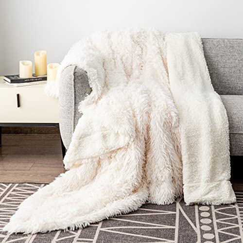 Pawque Luxury Faux Fur Throw Blanket Super Soft Oversized Throw Blankets, 90x90 inches, Decorative Blankets for Sofa Couch Bed Chair Photo Props, Breathable & Washable, Cream