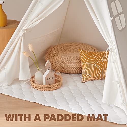 Kids Teepee Tent with Mat & Light String& Carry Case- Kids Foldable Play Tent for Indoor Outdoor, Raw White Canvas Teepee - Kids Playhouse - Portable Kids Tent