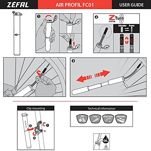 Zefal Air Profil FC01 Telescopic Aluminium Mini MTB Pump, 6 bar/87 psi, 116 g - Silver/Black