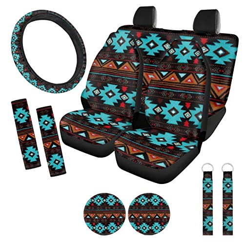 ZFRXIGN Western Car Seat Covers for Women Full Set Aztec Car Steering Wheel Cover Car Seat Belt Cover, Car Coaster Cup Holder, Wristlet Keychain Lanyard Universal Tribal Navajo