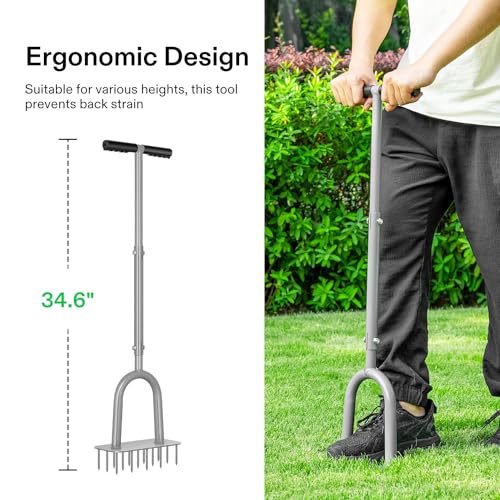 VIVOSUN Lawn Aerator Spike, Manual Soil Aerating & Dethatching Tool with 15 Spikes, Durable Steel Structure with Non-Slip T-Handle & Wide Foot Bar, for Yards, Lawns & Gardens Care