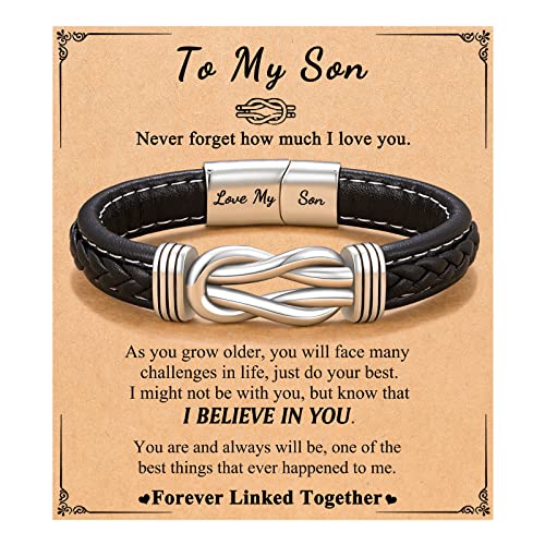 D Dongjiangjin Gift To My Son Grandson Nephew Leather Bracelet Birthday Easter Gradution Gifts for Teen Boys, 8 inch, Stainless Steel, No Gemstone