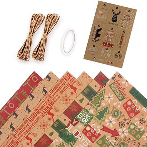 Christmas Wrapping Paper for Kids Girls Women Boys Men,6 Sheets Recycled Gift Wrapping Paper,19.6 x 27.5 inches per sheet,6 Styles (Christmas 2)