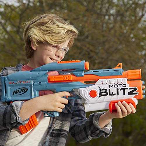 Nerf Elite 2.0 Motoblitz Blaster, 2 Blast Modes, Motorized 10-Dart Blasting & Airblitz 6 Darts at Once, 10 Dart Clip, 22 Elite Darts