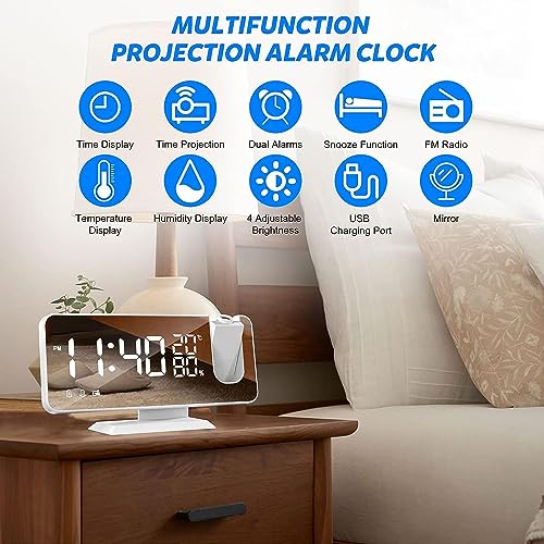 Projection Digital Alarm Clock for Bedroom, Beedove FM Radio Alarm Clock, Dual Alarm Clock with 3 Dimmer,Snooze,Timer,180°Rotatable Ceiling Projection Alarm Clock for Home Decor, Desk, Office, White