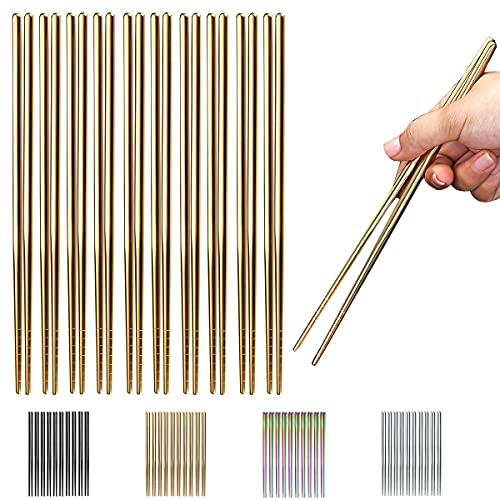 10 Pairs Reusable Chopsticks, Titanium Gold Plating Stainless Steel Metal Chop Sticks, Japanese Chinese Korean Chopstick Dishwasher Safe, 8.9 Inch (Gold/Chop sticks)