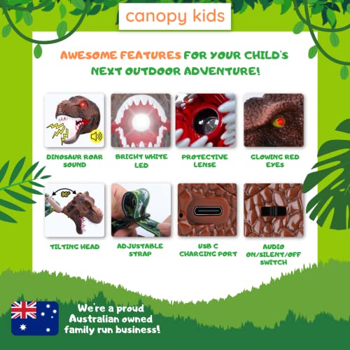 CANOPY KIDS DINOSAUR LED HEADLAMP, Rechargeable T-Rex Toy Animal Headlamp, Light-up Eyes, Adjustable Head Strap, One-size Fits All, Boys And Girls Over 3 Years, Perfect For Camping, Hiking, Reading and Parties