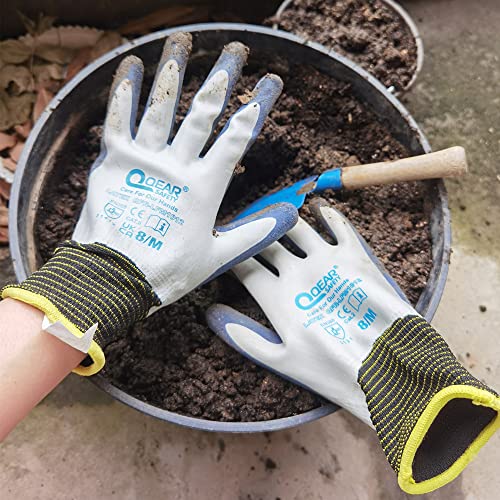 QEARSAFETY 1 Pair Garden Work Glove, Latex Rubber Fully Coated, Knitted Liner, Flexible, Water/Mud Proof For Palm and Back, Anti-Slip,Small Thorn Resistance Lady Small Hands (8/M)