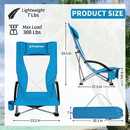 KingCamp Beach Chair High Back Lightweight Folding Backpack Chair with Cup Holder Pocket Pillow Bag for Outdoor Camping Sand Concert Lawn Festival Sports, Blue