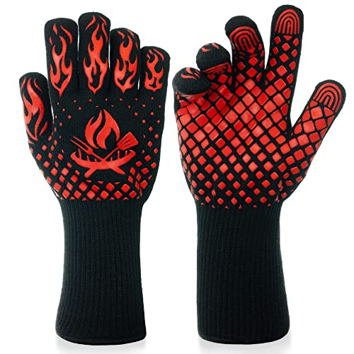 BBQ Gloves - 1472 Degree F Heat Resistant Grill Gloves - Non-Slip Silicone Handle Design - Barbecue Gloves for Outdoor Grill, Grill, Oven, Cooking, Kitchen and Baking (Red)