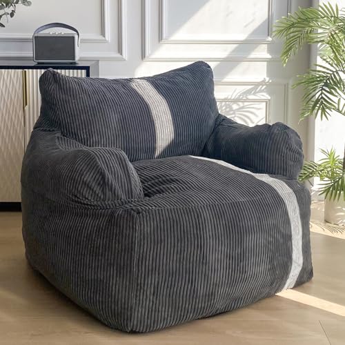 MAXYOYO Giant Bean Bag Chair, Stuffed Bean Bag Couch with Filler Large Living Room Bean Bag Chair for Adults, Big Lazy Sofa Accent Chair with Pocket Floor Chair for Gaming, Reading, Dark Grey