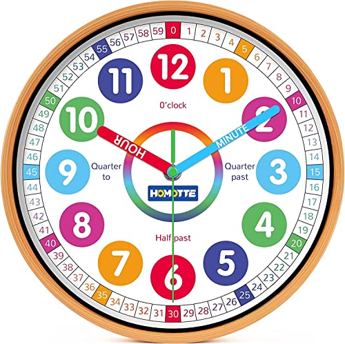 Homotte Kids Wall Clock for Bedroom, 10 Inch Round Multi-Colored Battery Operated Learning Clock, Children's Silent Analog Non-Ticking Educational Wall Clock for Boys and Girls Classroom Home Decor