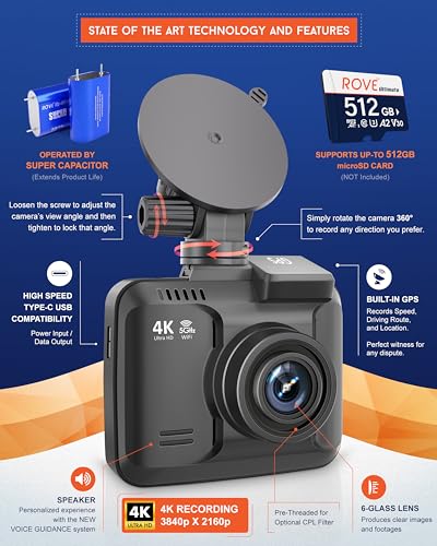 ROVE R2-4K PRO Dash Cam, Built-in GPS, 5G WiFi Camera for Cars, 2160P UHD 30fps Dashcam with APP, 2.4'' IPS Screen, Night Vision, WDR, 150° Wide Angle, 24-Hr Parking Mode, Supports 512GB Max, Black