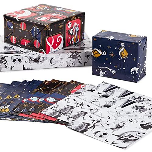 Hallmark Nightmare Before Christmas Flat Wrapping Paper Sheets with Cutlines on Reverse (12 Folded Sheets) for Christmas, Birthdays, Halloween, Jack Skellington, Sally, Zero, Black, White, Red, 0005EW 1001