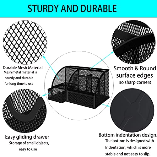 ZDZBLX Desk Organiser, Mesh Desk Tidy Multifunctional Pen Holder, Pen Pot Desktop Organiser, Upgraded Office Stationary Organiser Desk Accessories Storage with Drawer for School, Home, Office(Black)