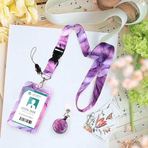 Hianjoo Badge Holder Retractable with Lanyard, ID Card Holder with Belt Clip Retractable Reel Neck Lanyard for Students Office Staff, Purple Marbling