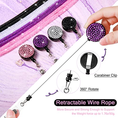 4 Set Rhinestone Bling Lanyard with ID Badge Holder Lanyard for ID Badge Diamond Crystal ID Card Holder Retractable Lanyard with Metal Clasp Key Ring for Women